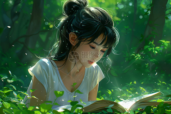 林间读书的女孩图片