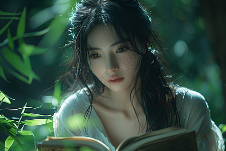 森林中阅读的女子图片