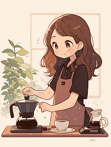 煮咖啡的美少女图片