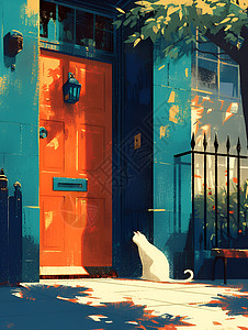 红门前的白猫图片