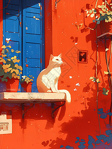 猫咪与红墙图片