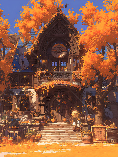 秋叶飘落的房屋图片