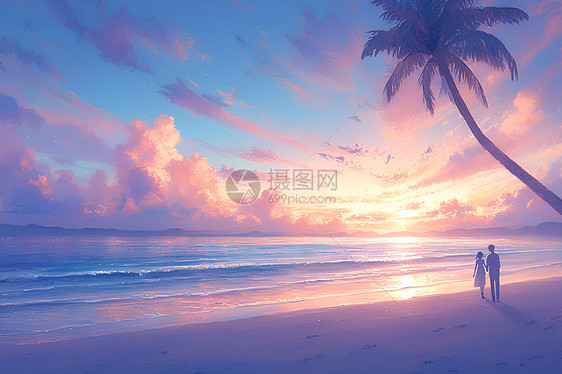 夕阳海滩情侣图片