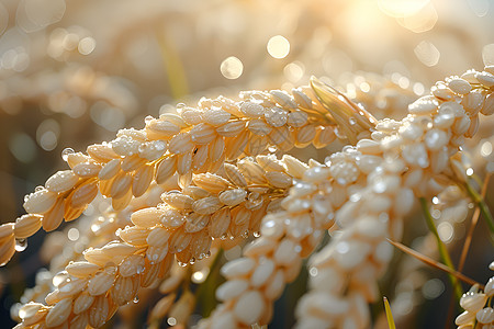 阳光里滴水的稻穗图片