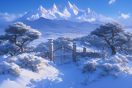 雪地的铁门图片