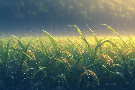 雨滴落在稻田上图片