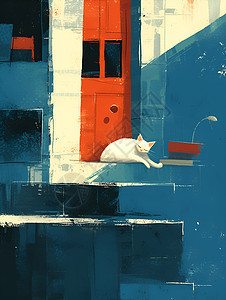 猫咪卧于红门前图片