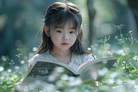 小女孩在草地上阅读图片