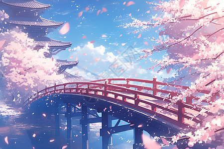 桥与樱花图片