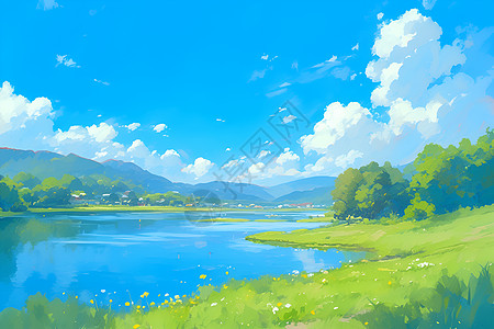 宁静的湖泊风景画高清图片