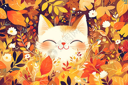 猫咪沉浸在丰富秋叶中享受美景图片