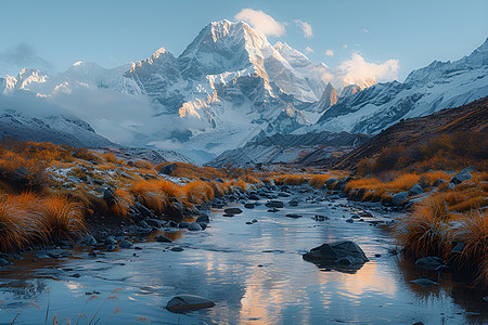 雪山下的河流图片