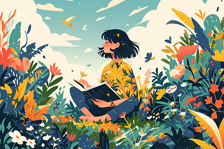 草丛中读书的女孩图片