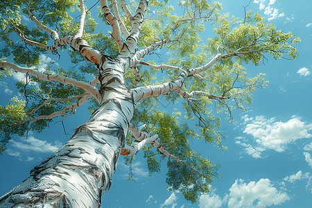 蔚蓝天空下的白桦树图片