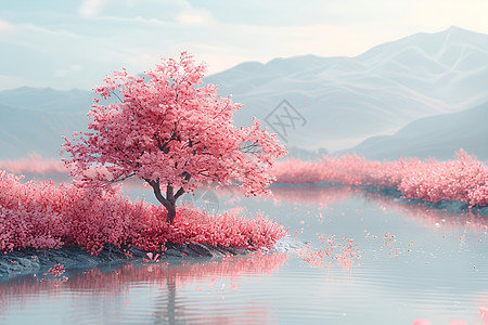 湖畔的樱花树图片