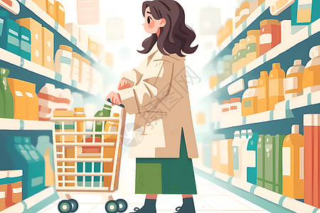 商品女子在超市购物插画