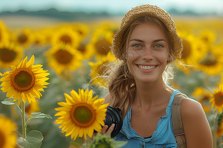 花海里戴着草帽的女人图片