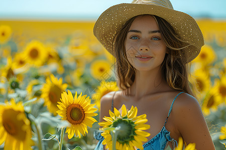 女人在夏日花海欣赏美景图片