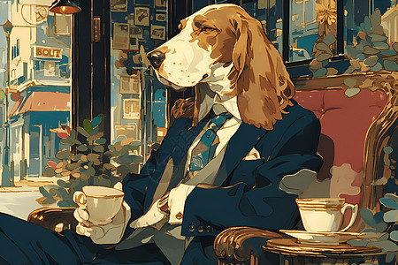 狗狗在咖啡厅内优雅地享受咖啡图片