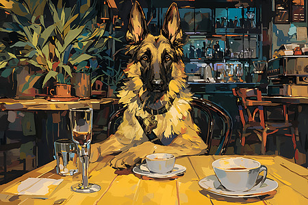 咖啡厅优雅的狗狗在喝咖啡图片