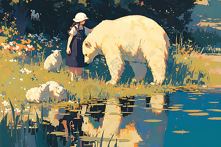 池塘草地上的女孩和白熊图片
