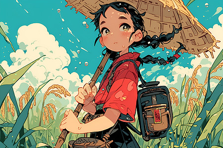 稻田里撑着伞的女孩图片