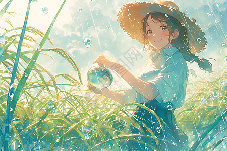 草帽女孩在稻田里浇水图片