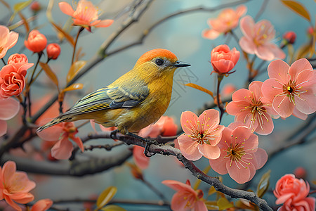春天旅行插画樱花树上的绚丽风景背景