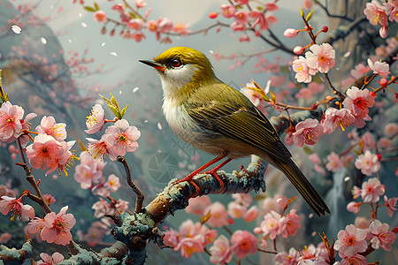 插画树枝绽放的樱花树和小鸟背景