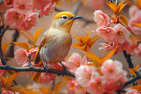 白眼鸟立在樱花树枝上图片