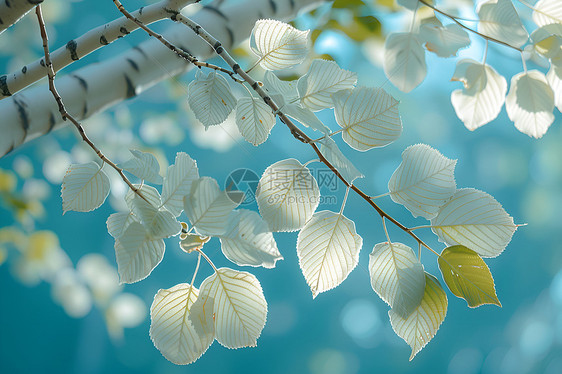 白桦树上娇艳树叶图片