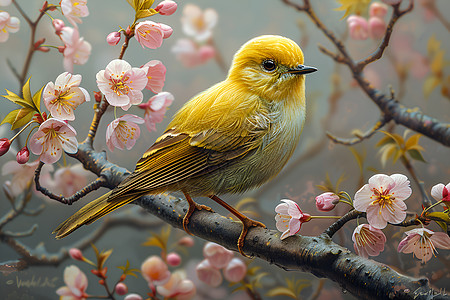 樱树上栖息的小鸟图片