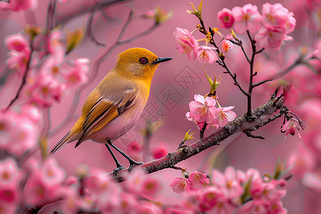 粉色的春日樱花和小鸟图片