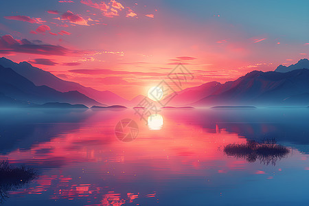 夕阳下的湖光山色图片