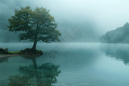 湖畔孤树唯美风景图片