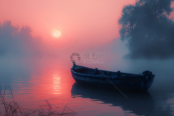 湖畔中的日落小船图片