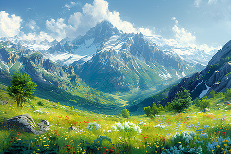 山脉绘画中的美丽景色图片