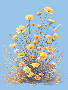 明亮的蓝色背景上黄色花朵高清图片