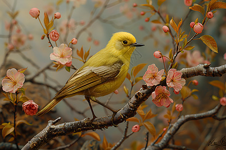 栖息在樱花树上的黄色小鸟图片