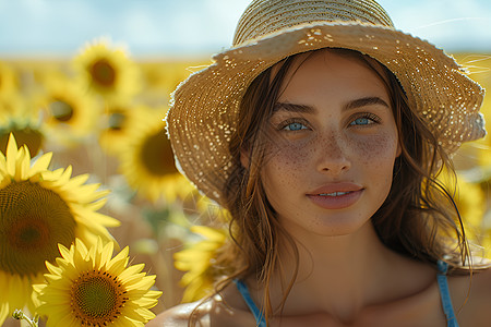 手绘花海阳光下的女人背景