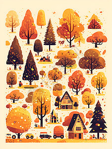秋季的树木插画图片