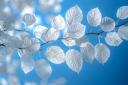 蓝色背景色的白色叶子图片