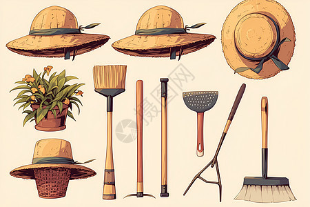 草帽和农具图片