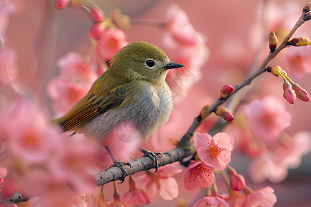 樱花盛开中小鸟栖枝高清图片