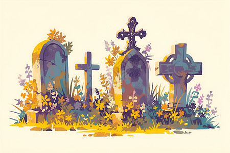 墓碑与花卉图片