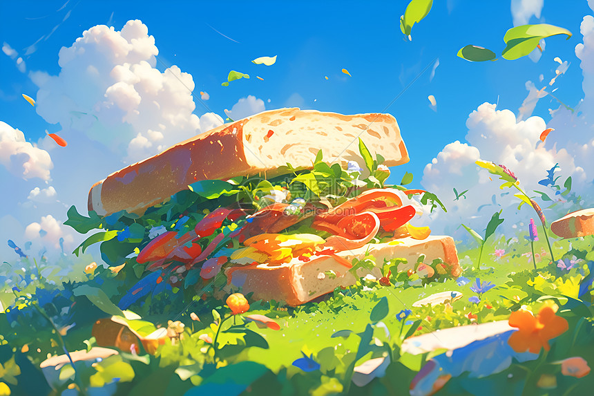 草地上的三明治图片