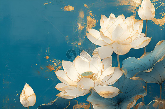传统风格的蓝色白莲花图片