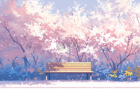 樱花树下的木制长椅图片