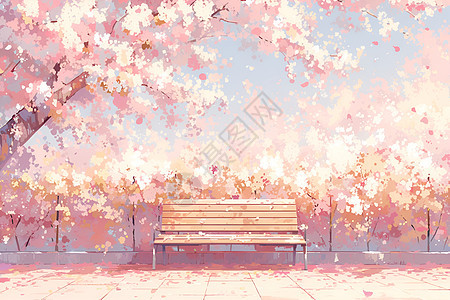 公园里的樱花树和木椅图片