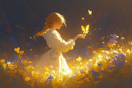 梦幻花园的少女和蝴蝶图片